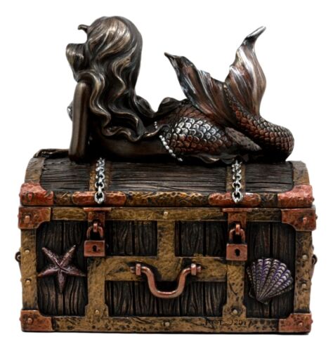 Bronzed Mermaid Nerida Resting On Sunken Treasure Jewelry Box Figurine 5.25"L