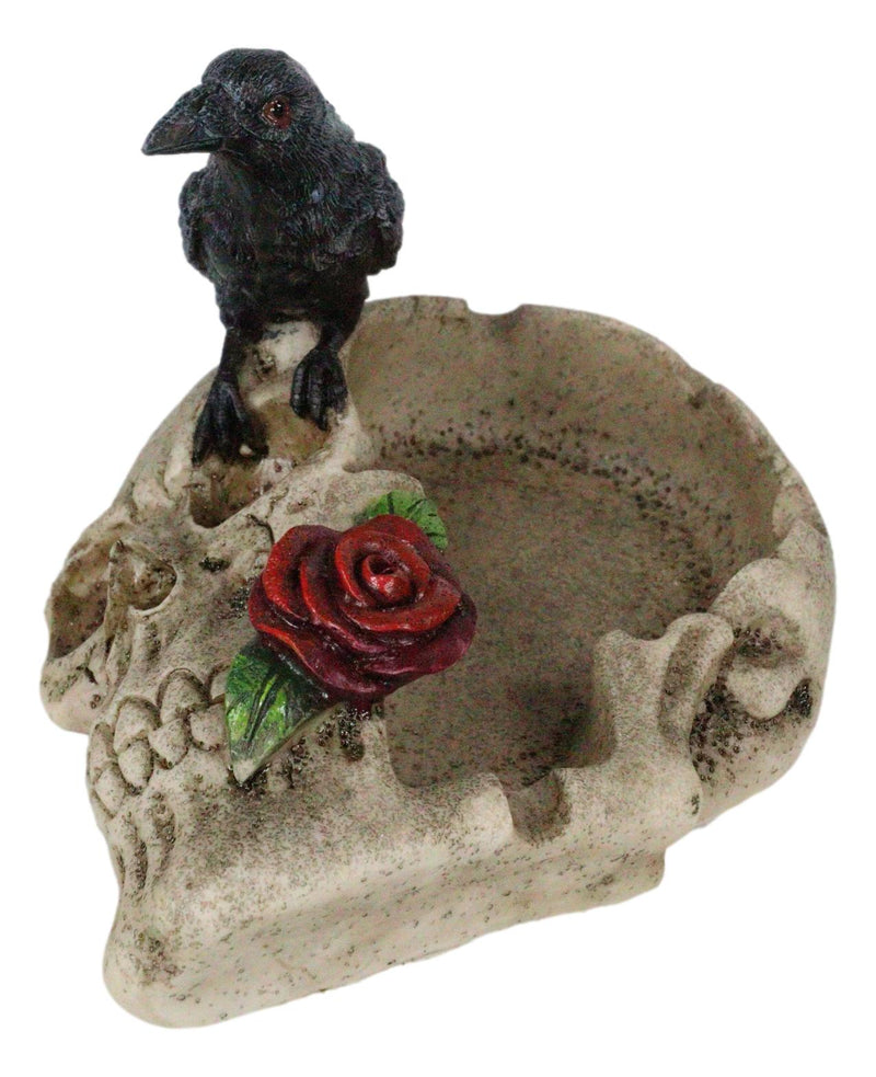 Gothic Raven Crow Perching On Rose Skull Cigarette Ashtray Jewelry Dish Figurine