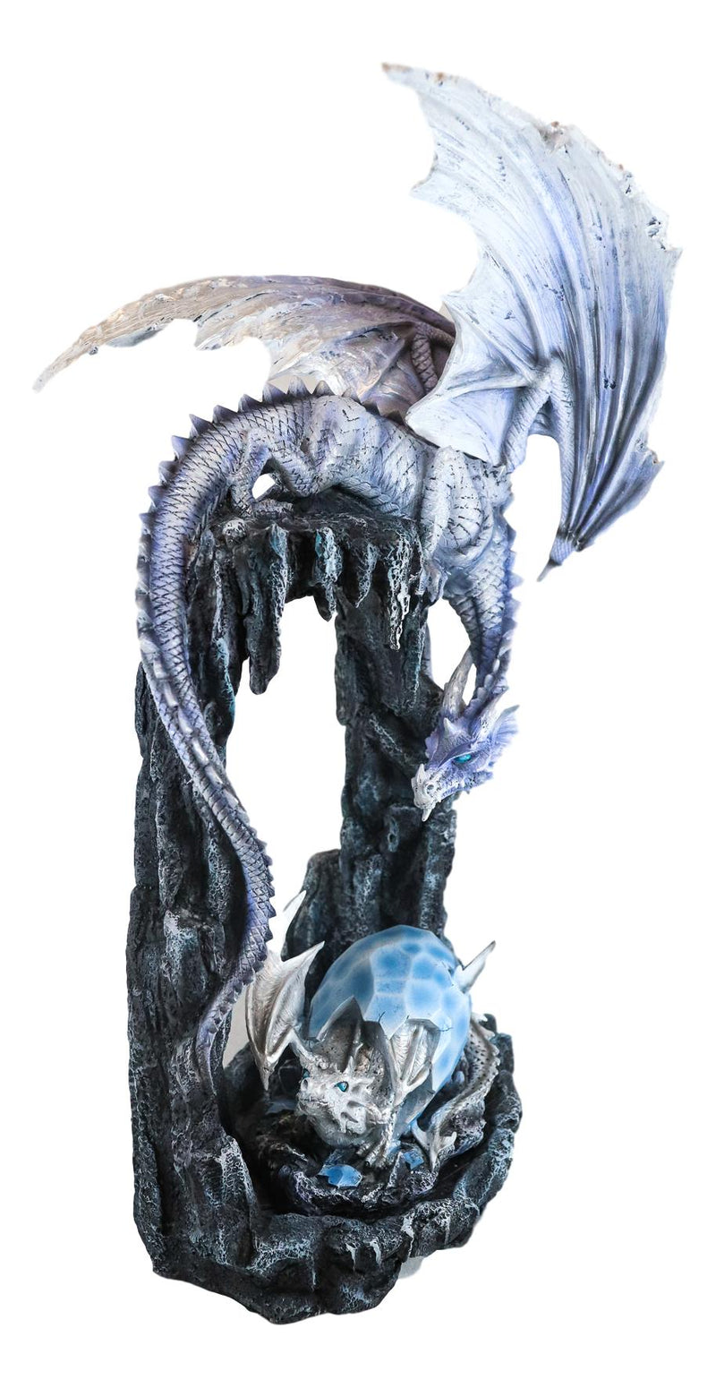 Ebros  21"H White Frozen Dragon On Cavern With Wyrmling Hatchling In Egg Statue