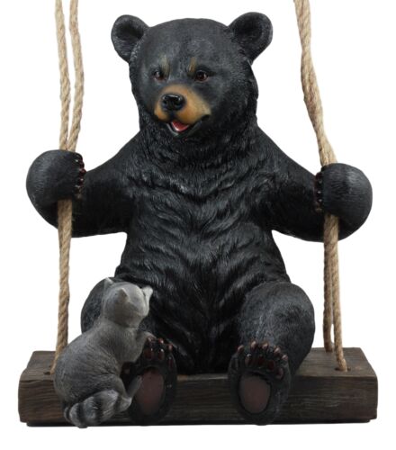 Large Swinging Black Bear With Buddy Raccoon Hanging Statue With Rope Ties 15"H - Ebros Gift