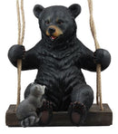 Large Swinging Black Bear With Buddy Raccoon Hanging Statue With Rope Ties 15"H