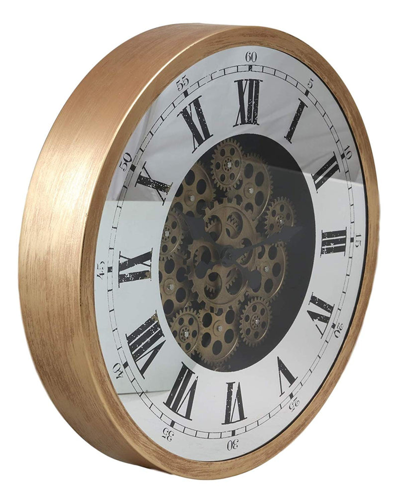 Ebros Large 18.25"Diameter Vintage Antique Design Gold Steampunk Wall Clock With Complex Mechanical Moving Gears Mirror Face Roman Numerals Victorian Industrial Accent Clockwork Gearwork Decor Clocks
