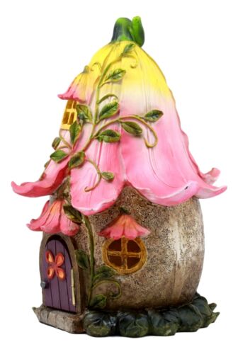 Mini Enchanted Fairy Garden Trumpet Lily Cottage Light Up House W/ Door Figurine - Ebros Gift