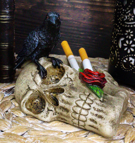 Gothic Raven Crow Perching On Rose Skull Cigarette Ashtray Jewelry Dish Figurine