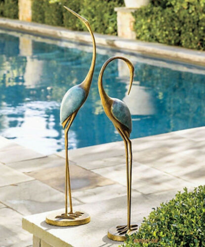 Large Pair Of Lover Preening Cranes Zen Garden Metal Statue Longevity Symbols - Ebros Gift