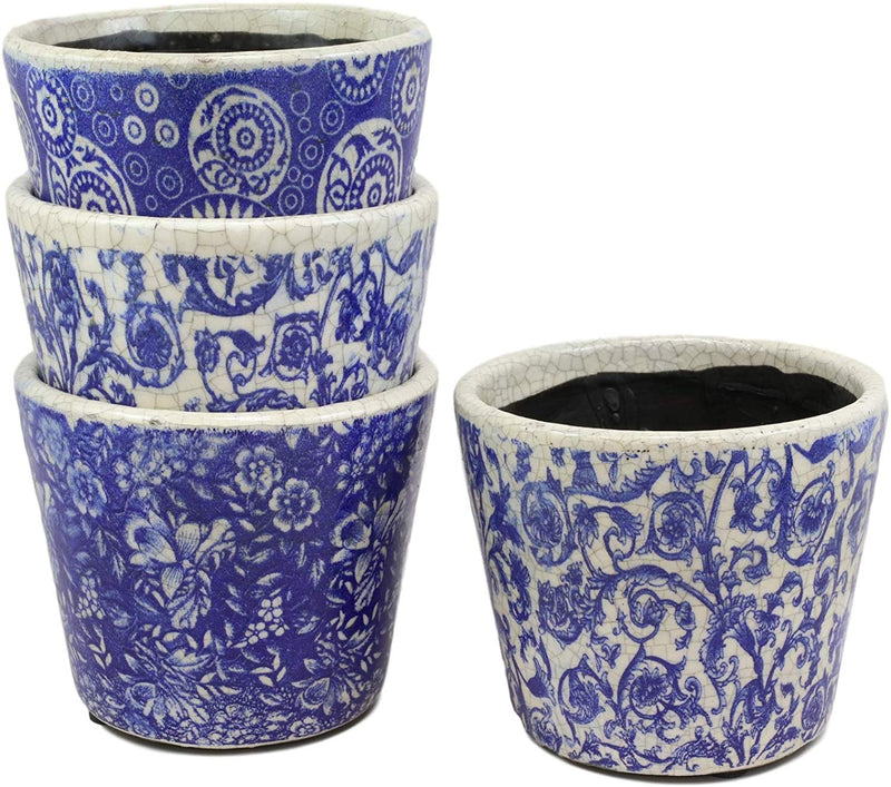 Ebros Gift Ming Dynasty Style Royal Blue and White Terracotta Ceramic Small Floral Design Pot Planters Set of 4 Planter Pots Lawn Outdoor Pool Patio Garden Accent Earthenware 4.75" High
