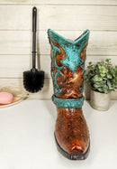 Ebros Rustic Vintage Western Turquoise Faux Leather Cowboy Boot with Spur Toilet Bowl Cleaner Brush and Base Holder 16.5" Tall Bathroom Gift 2 Piece Set Cowboys Cowgirls Boots Accent Decor