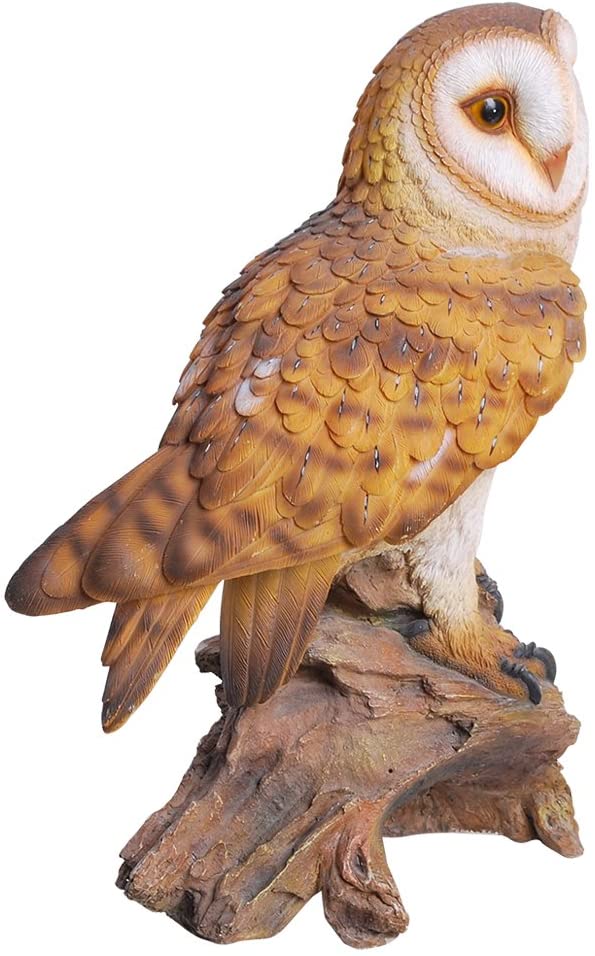 Realistic Common Barn Owl Perching On Tree Stump Statue With Glass Eyes 13.75"H