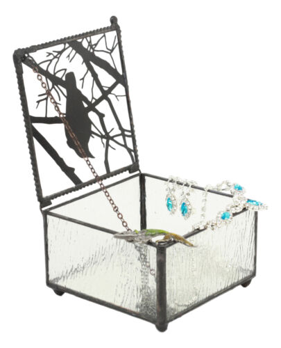 Gothic Silhouette Raven Glass Jewelry Box 4"W Haunted Crow On Tree Branch Box