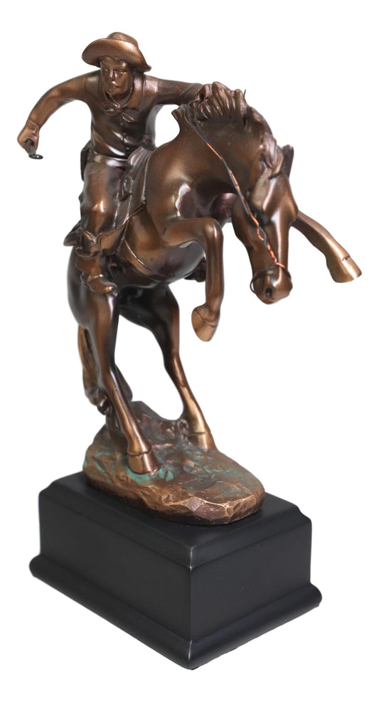 Ebros Rustic Western Rodeo Cowboy W/ Rearing Horse Bronze Electroplated Figurine - Ebros Gift
