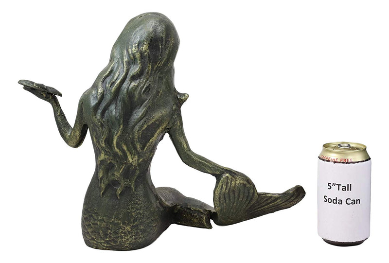 13"L Cast Iron Large Nautical Siren Mermaid Holding Starfish Verdi Green Statue
