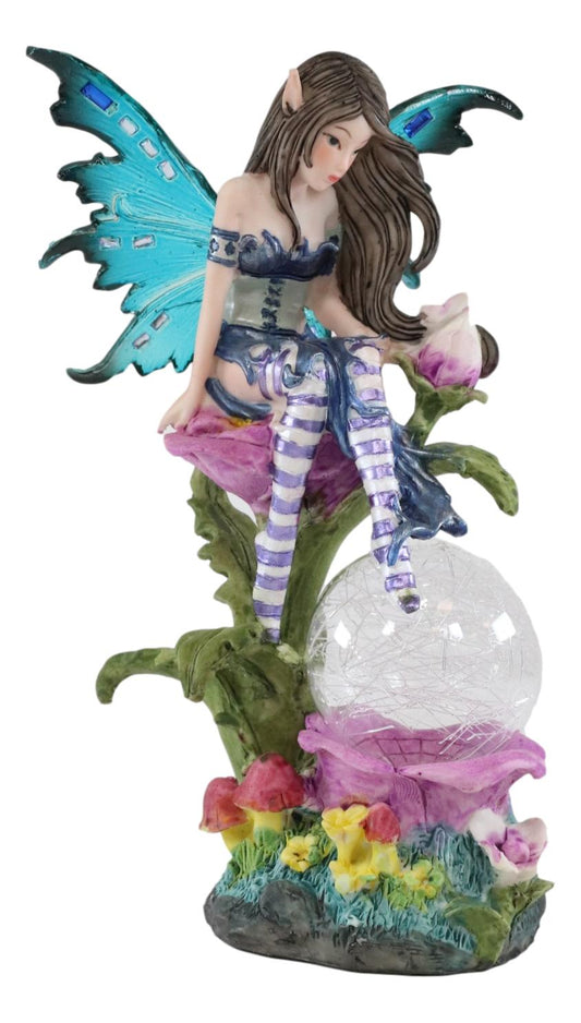 Ebros Butterfly Elf Pixie Fairy Sitting On Flower With LED Night Light Ball Figurine - Ebros Gift