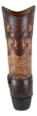 Large Rustic Western Faux Tooled Leather Cowboy Brown Boot Flower Vase Planter