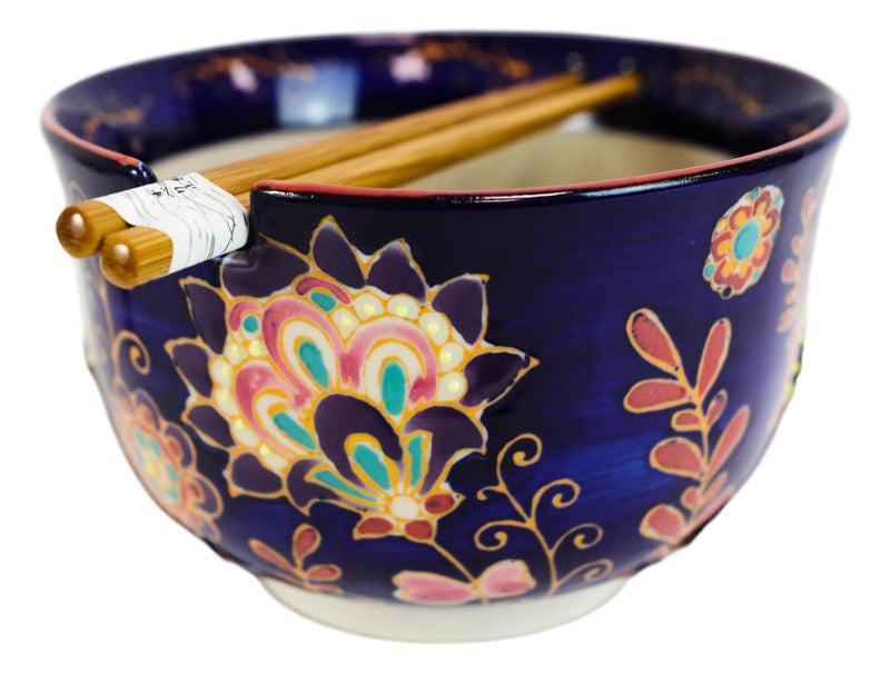 Mandala Floral Blossoms Purple Ramen Noodles Soup Large 6"D Bowl W/ Chopsticks