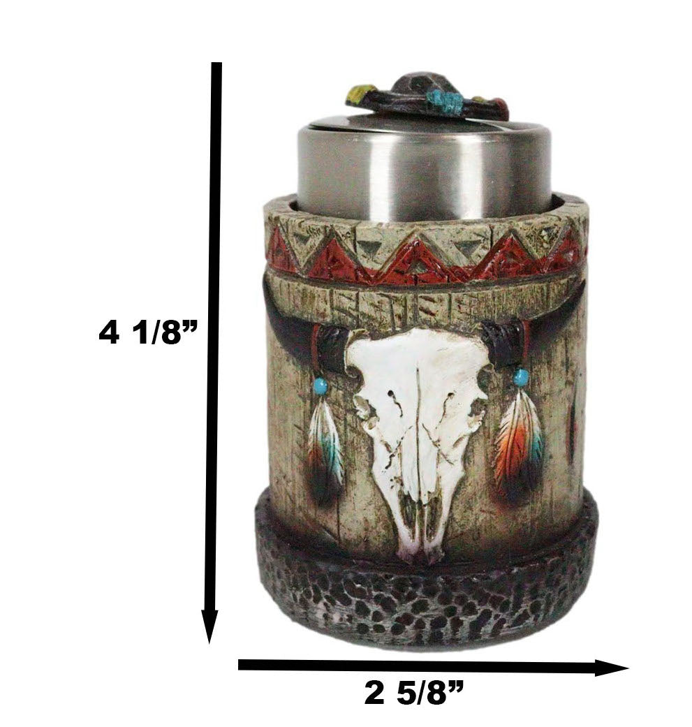Rustic Western Native Indian Cow Skull Feathers Spring Barrel Toothpick Holder