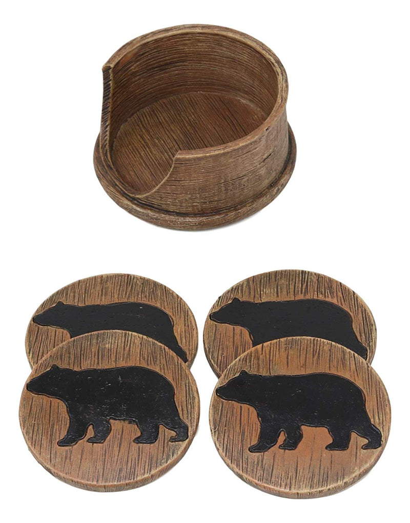 Ebros Faux Wood Rustic Forest Black Bear Coaster Holder With 4 Round Coasters Set