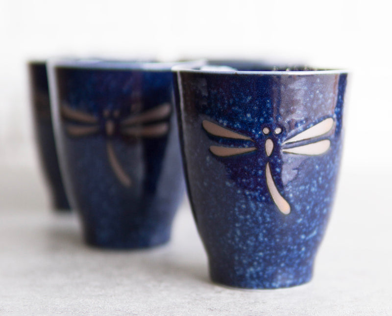 Japanese Zen Dragonfly Speckled Blue Porcelain 10oz Coffee Tea Cups Set of 4