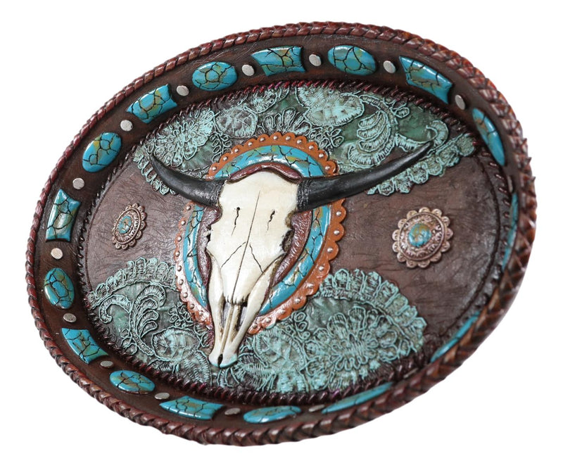 Western Rustic Cowboy Texas Longhorn Skull Turquoise Conchos Dish Tray 12"L