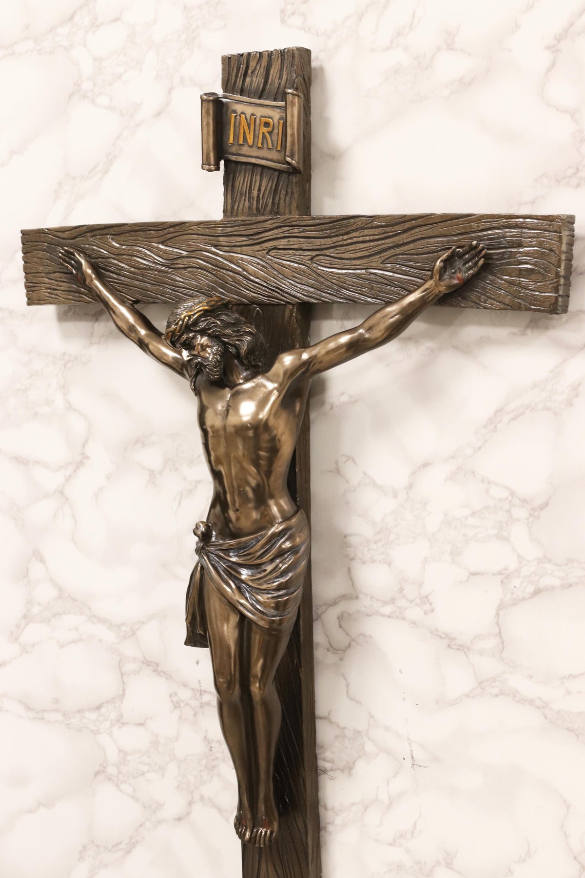 Large Faux Bronze 30"H INRI Jesus Christ On Cross Wall Hanging Crucifix Plaque