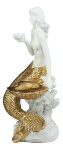 Ebros Art Nouveau Golden Mermaid Holding Sea Shell Candle Or Jewelry Holder Decor Figurine 10.25" Tall