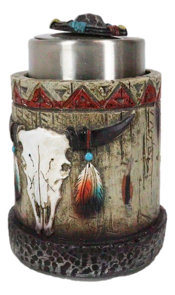 Rustic Western Native Indian Cow Skull Feathers Spring Barrel Toothpick Holder
