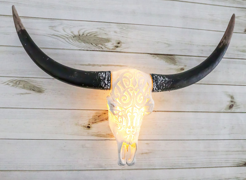 Western Tooled Filigree Longhorn Steer Cow Aged Bone Skull LED Light Wall Decor