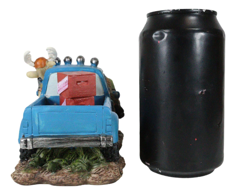 Buck Deer With Rifle In Blue Pick Up Truck With Tied Up Hunter On Hood Figurine