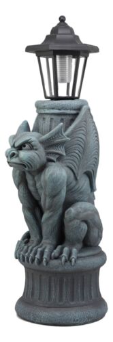 Ebros Gothic Gargoyle Statue with Solar LED Lantern Light Post 20" Tall Figurine - Ebros Gift