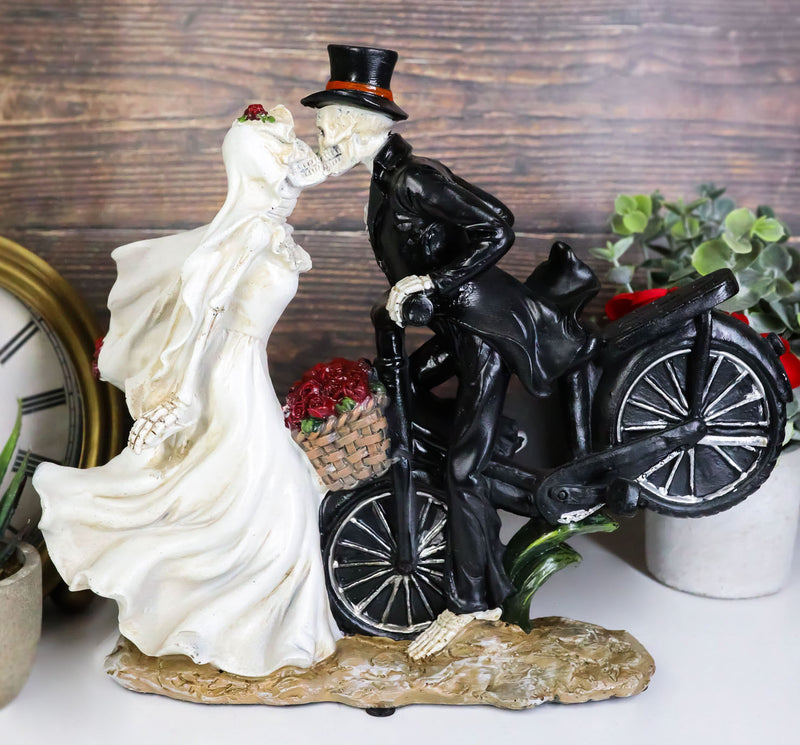 Love Never Dies Skeleton Bridal Couple Kissing On Bicycle W Rose Basket Figurine