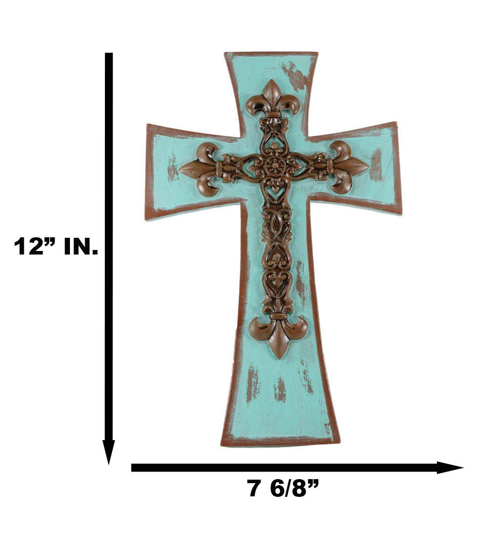 Rustic Southwestern Tuscany French Fleur De Lis Antiqued Turquoise Wall Cross - Ebros Gift