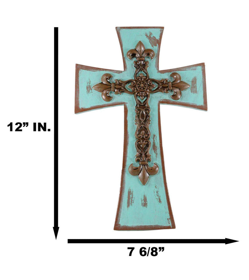 Rustic Southwestern Tuscany French Fleur De Lis Antiqued Turquoise Wall Cross