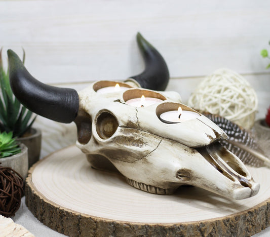 Western Steer Bull Cow Skull Decorative 3 Tea Light Votives Candle Holder Decor