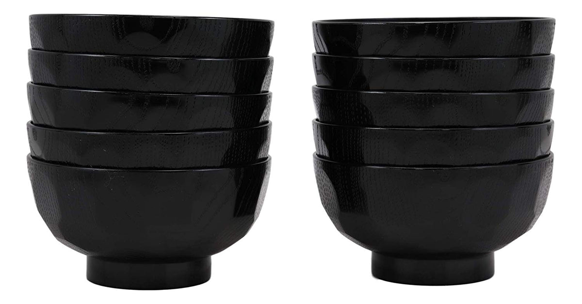 Ebros Japanese Contemporary Black Lacquer Ridged Bowls Made In Japan Set of 10