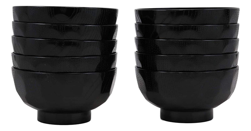 Ebros Japanese Contemporary Black Lacquer Ridged Bowls Made In Japan Set of 10