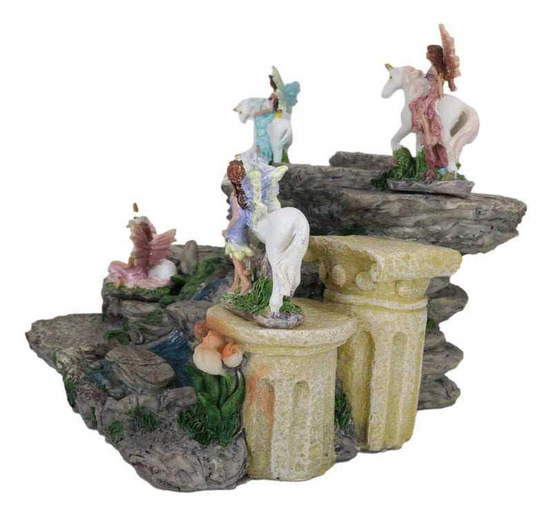 Miniature Fairies & Unicorns With Mountain Waterfall of Youth Display Figurine