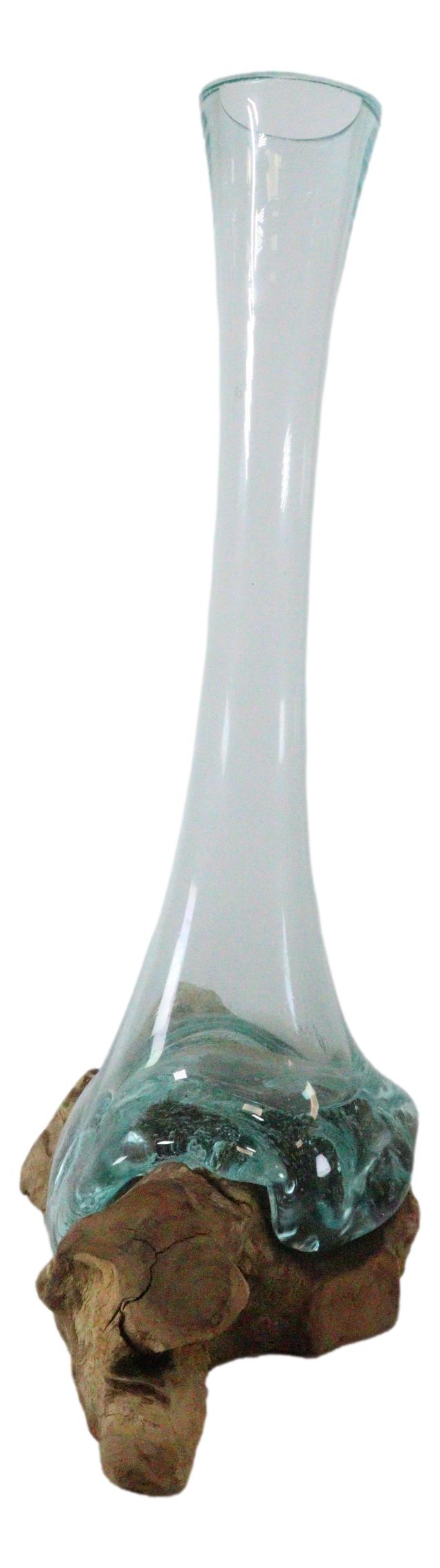 Balinese Gamal Driftwood With Long Necked Hand Blown Molten Glass Floral Vase - Ebros Gift