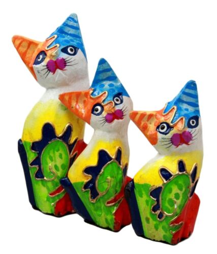 Ebros Balinese Wood Handicrafts Bright Colors Cat Family Set of 3 Figurines - Ebros Gift