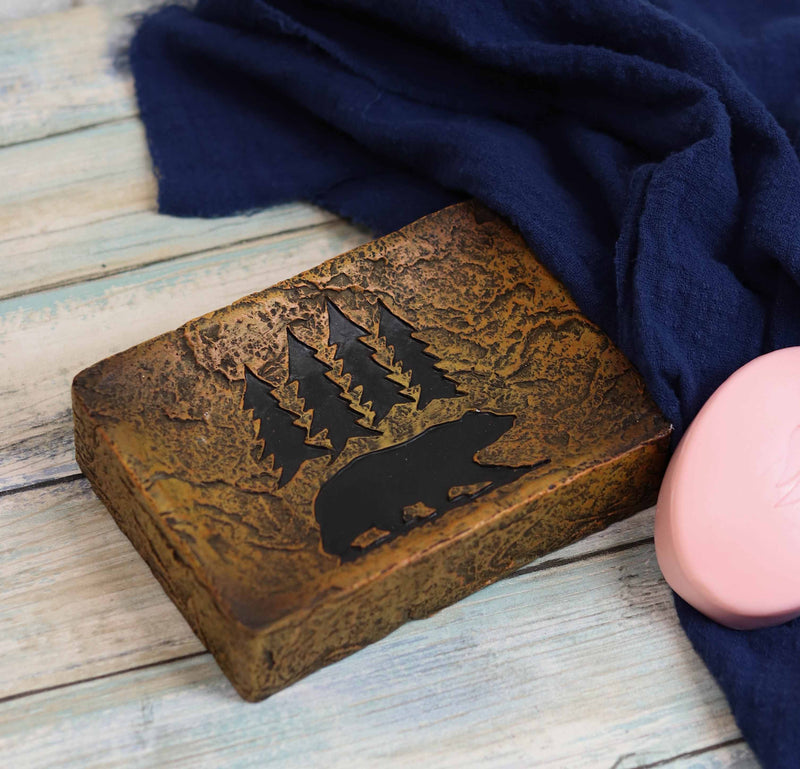 Rustic Western Black Bear By Pine Trees Forest Silhouette Bar Soap Dish Holder