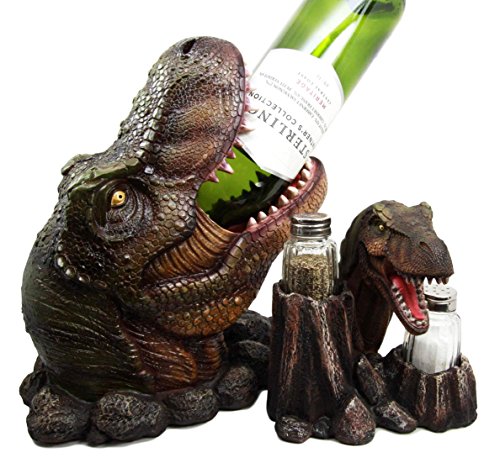 Ebros Gift Prehistoric Dinosaur T-Rex Head Wine Bottle and Salt Pepper Shakers Holder Figurine Set