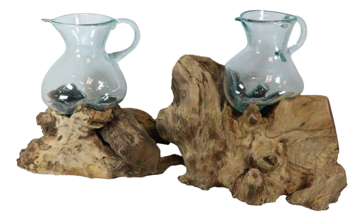 Set Of 2 Balinese Natural Gamal Wood Driftwood With Molten Glass Water Jugs