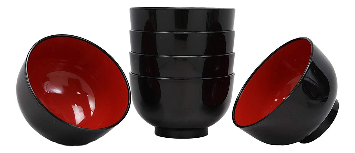 Ebros Made In Japan Black Red Lacquer Copolymer Plastic Large Bowl 38oz Set of 6