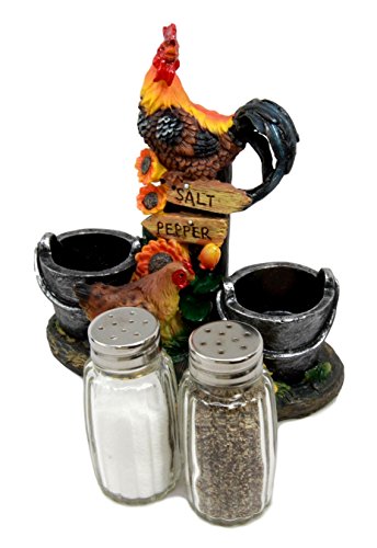 Country Rooster Hen and Chicks Family Salt and Pepper Shakers Holder Set 7"H - Ebros Gift