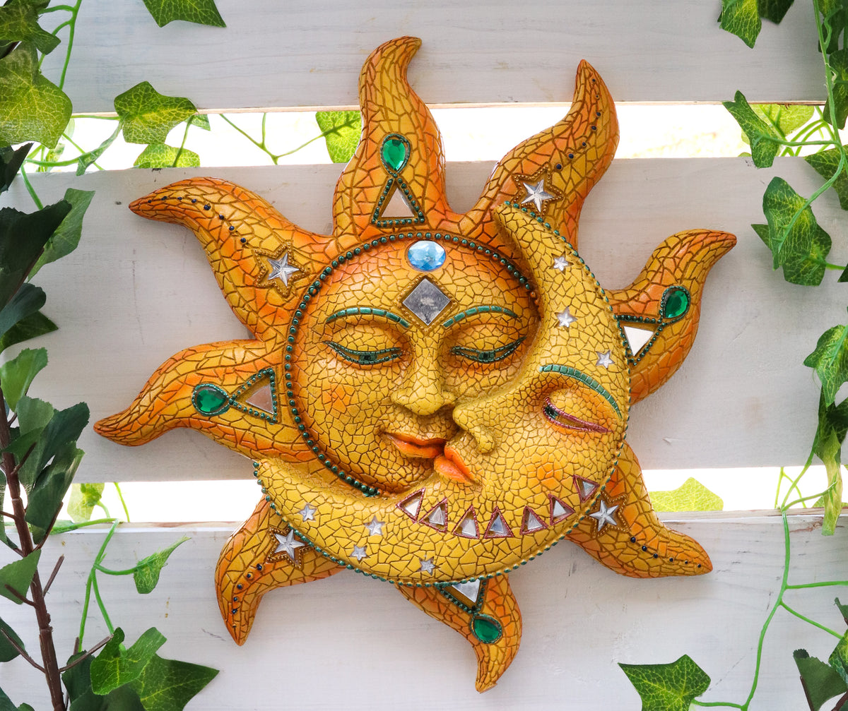 Ebros Orange Mosaic Face Sun with Yellow Mosaic Moon, 13"H Wall Plaque Decor - Ebros Gift