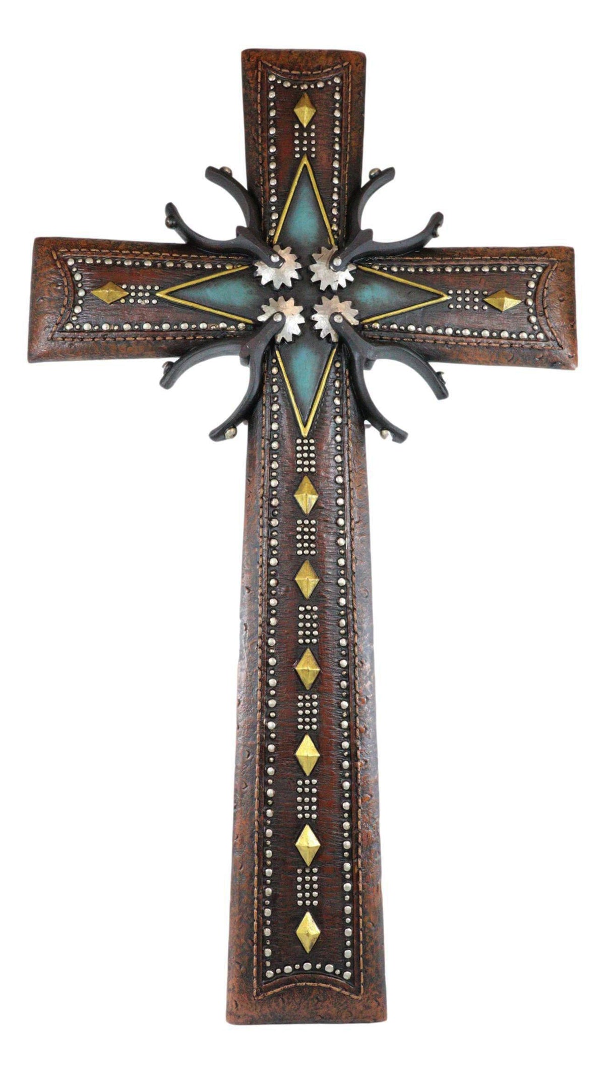 18"H Rustic Western Cowboy Tooled Leather Stars Diamonds Spurs Wall Cross Decor