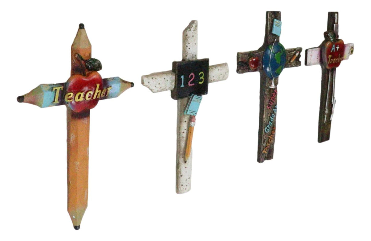 Pack Of 4 Novelty Educational Teacher Apple Math 123 Globe Pencils Wall Crosses