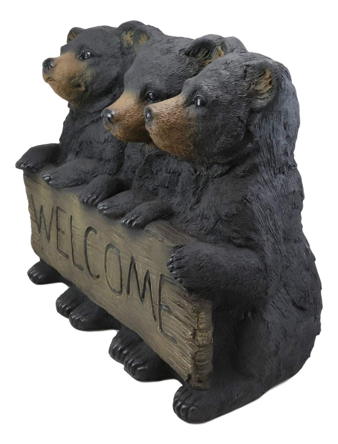 Large Rustic Forest 3 Black Brother Bear Cubs Holding Welcome Sign Statue Decor - Ebros Gift