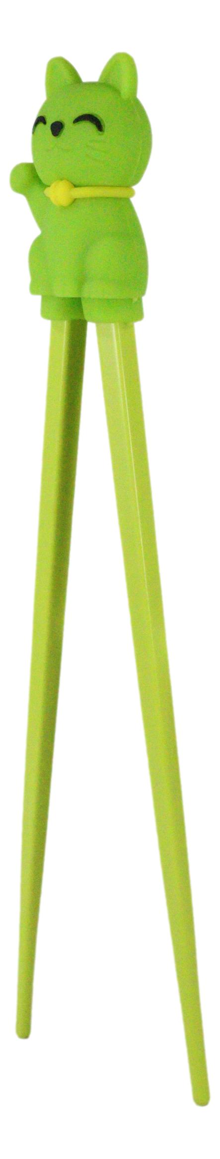 Green Maneki Neko Lucky Cat Reusable Training Chopsticks Set W/ Silicone Helper - Ebros Gift