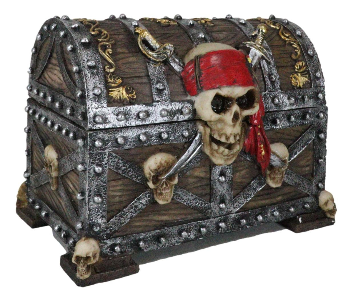 Large Caribbean Pirate Marauder Skull With Criss Cross Blades Treasure Chest Box - Ebros Gift