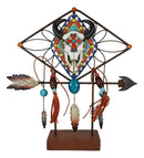Southwestern Boho Cow Skull Arrow Dreamcatcher Feathers Desktop Plaque Figurine
