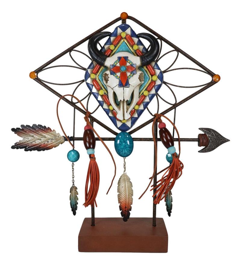 Southwestern Boho Cow Skull Arrow Dreamcatcher Feathers Desktop Plaque Figurine